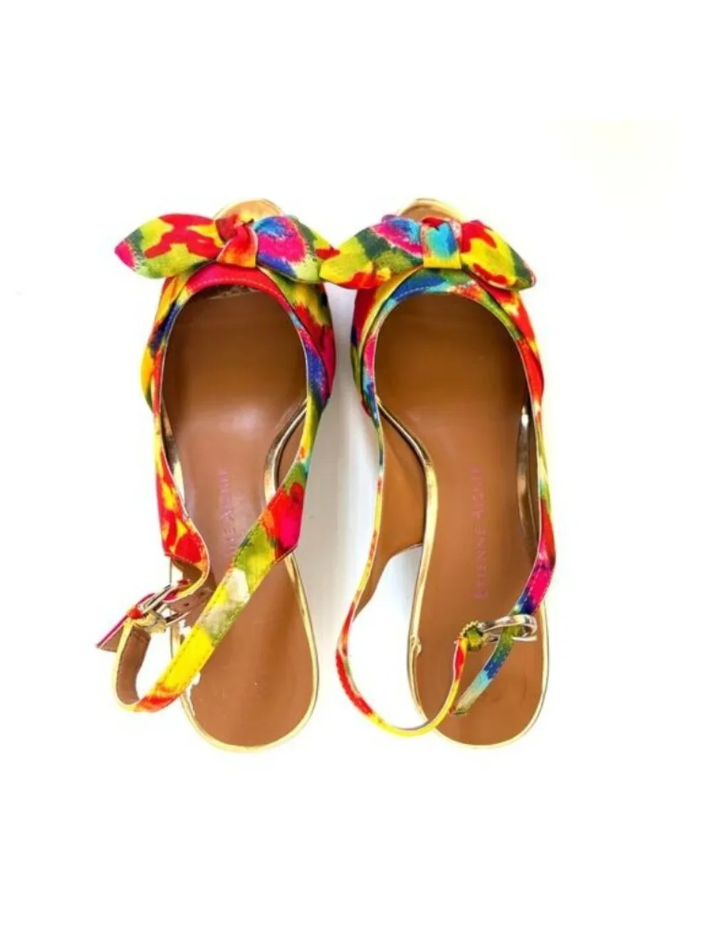 Etienne Aigner Heels Slingback Floral Peep Toe Gold Trim Women’s 5.5 Shop Worn - Picture 9 of 9